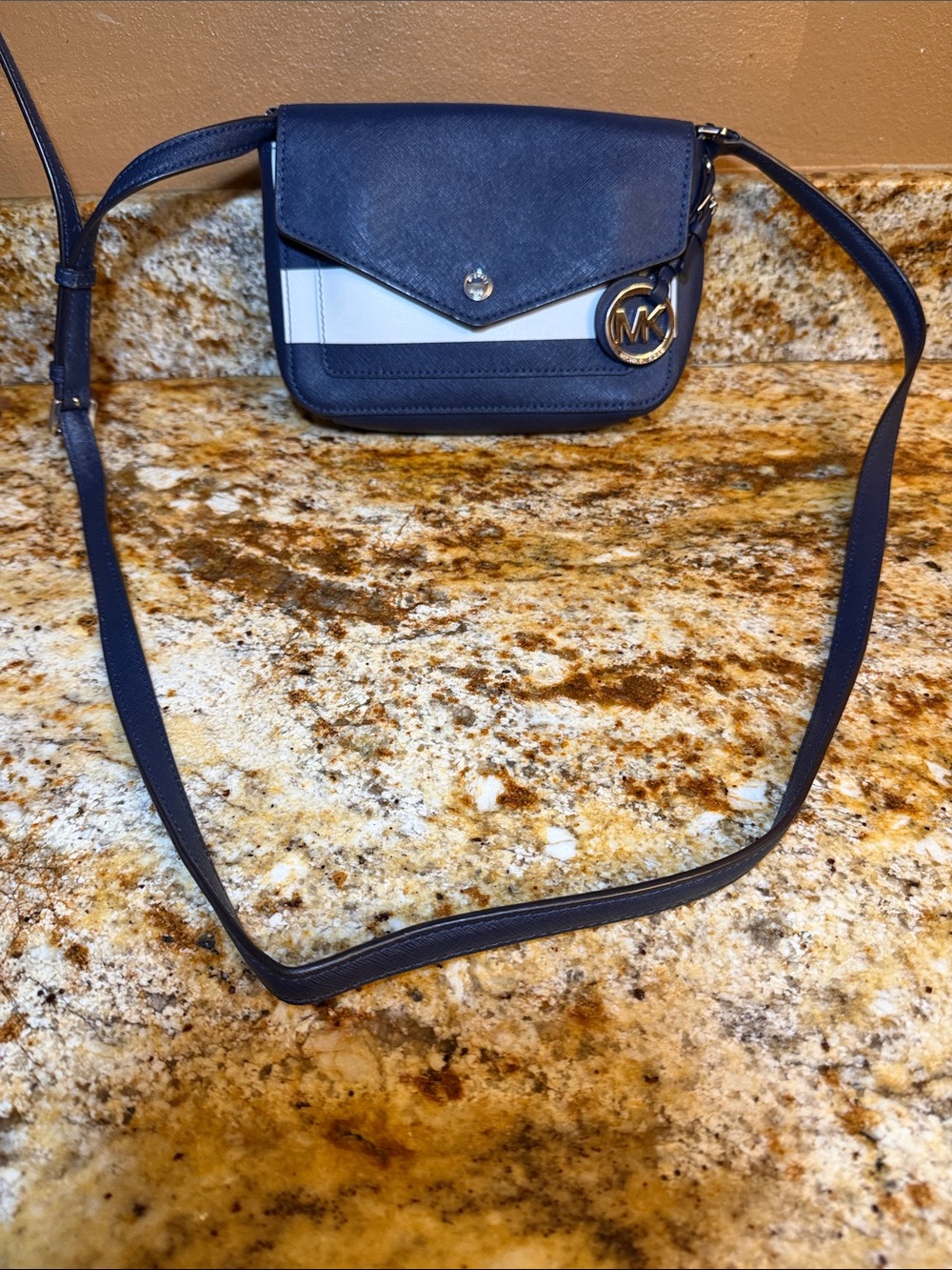 Michael Kors Navy and White Crossbody Mini Bag with MK Charm